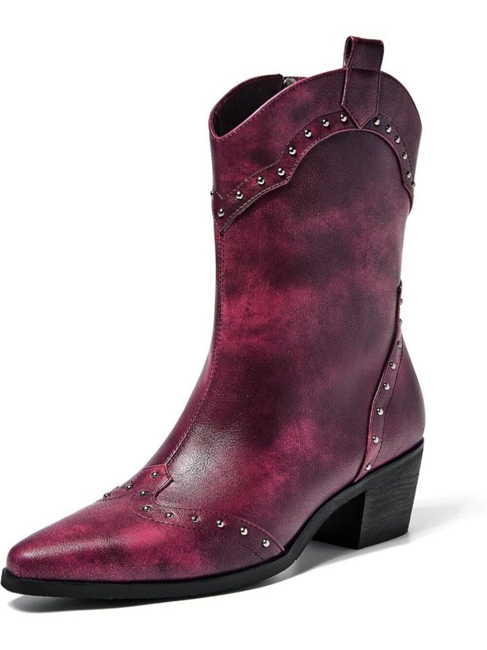 Women's Claret Studded Western Ankle Boots Low Block Heel Cowboy Booties Zip - Picture 1 of 7